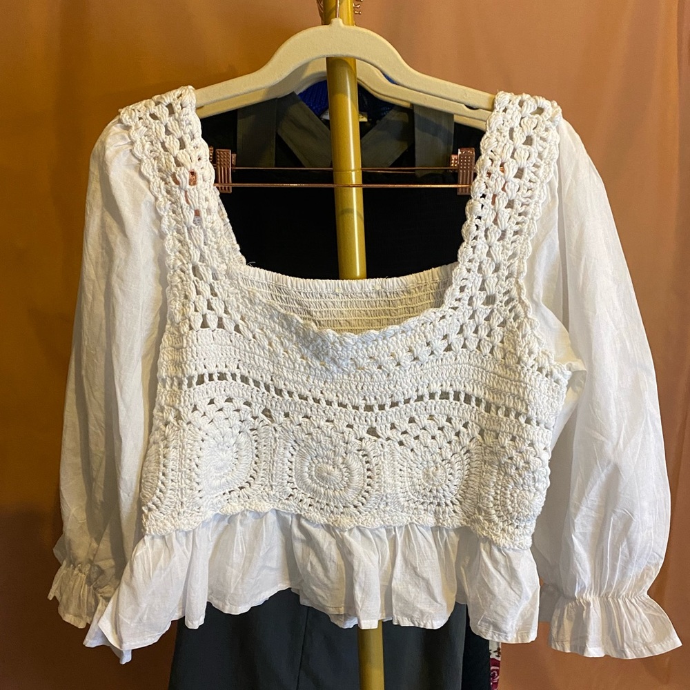 White Crochet / Linen Top